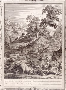 Actaeon proměněný v jelena a sežraný svými psy, 1731 od Bernard Picart