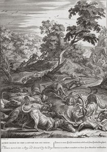 Actaeon se v roce 1731 proměnil v jelena a pohltil ho jeho psi od Bernard Picart