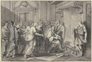 Říman hází papírové svitky do ohně za přítomnosti mnoha lidí od Bernard Picart