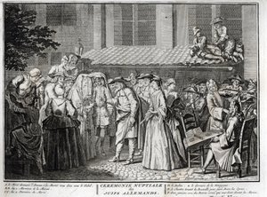 Židovská svatba v židovské německé komunitě Rytina z „“ Illustration de ceremonies et zvyk religieuses de les peuples du monde“ od Bernarda Picarta (1723-1743) 1819 Soukromá sbírka od Bernard Picart