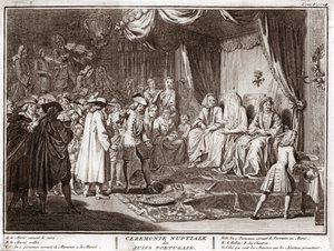 Židovská svatba v židovské portugalské komunitě Rytina z „“ Ilustrace obřadů a náboženských zvyků všech národů světa““ od Bernarda Picarta (1723-1743) 1819 Soukromá sbírka od Bernard Picart