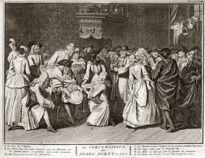 Judaismus: obřízka v židovské portugalské komunitě Rytina z „“ Ilustrace obřadů a náboženských zvyků všech národů světa““ od Bernarda Picarta (1723-1743) 1819 Soukromá sbírka od Bernard Picart