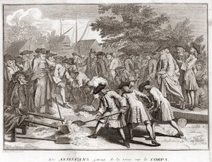Judaismus: pomocníci při pohřbu házejí na tělo zeminu (židovský pohřeb) Rytina z „“ Ilustrace náboženských obřadů a zvyků všech národů světa““ od Bernarda Picarta (1723-1743) 1819 Soukromá sbírka od Bernard Picart