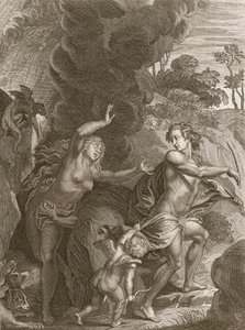 Orfeus, který vyvádí Eurydiku z pekla, se za ní ohlédne a navždy ji ztratí, 1731 od Bernard Picart