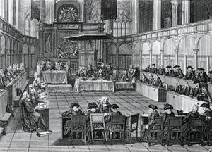 Protestantská synoda konaná v roce 1730 v Nieuwe Kerk (Nový kostel) v Amsterdamu, Nizozemsko, rytina Bernarda Picarta (1673-1733) od Bernard Picart