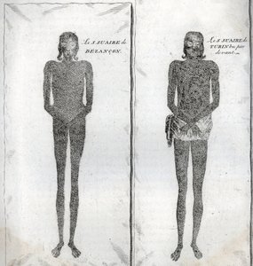Znázornění besanconského plátna a turínského plátna Rytina z „Ilustrace náboženských obřadů a zvyků všech národů světa“ od Bernarda Picarta (1723-1743) 1819 Soukromá sbírka od Bernard Picart