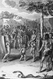 Rituální obřad s hadem v popředí, Guinea, z Histoire Generale des Ceremonies, moeurs, et coutumes religionness de tous les peoples du monde, Antoine Banier (1673-1741) a Jean Baptiste Le Mascrier (1697-1760) od Bernard Picart