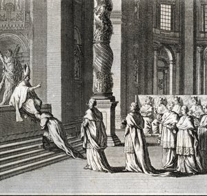 Slavnostní inaugurace pontifikátu „“ Klanění papeže na Velkém oltáři sv. Petra, Vatikán““ (Papežská inaugurace: Uctívání papeže nad velkým oltářem sv. Petra) Rytina z „“ Ilustrace náboženských obřadů a zvyků A od Bernard Picart