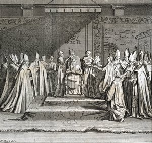 Slavnostní inaugurace pontifikátu „“ Representation du coronation du pope““ (papežská inaugurace: korunovace papeže) Rytina z „“ Ilustrace obřadů a náboženských zvyků všech národů světa““ od Bernarda Picarta (1723-1743) od Bernard Picart