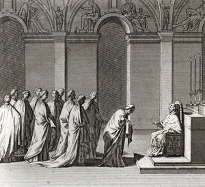 Slavnostní inaugurace pontifikátu: „“ Klanění papeže v Sixtinské kapli““ (Papežská inaugurace: Uctívání papeže v Sixtinské kapli) Rytina z „“ Ilustrace obřadů a náboženských zvyků všech národů světa““ od Bernard Picart