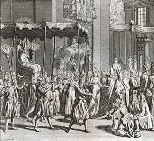 Slavnostní inaugurace pontifikátu: spálení látky) Rytina z „Illustration de ceremonies et celní religieuses de tous les peuples du monde“ od Bernarda Picarta (1723-1743) 1819 Soukromá sbírka od Bernard Picart