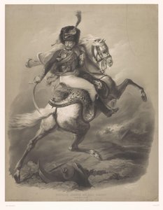 Útočný důstojník na koni Le chasseur de la garde (titul na objektu) Nové litografie se dvěma druhy křídy (název série) Nouveaux skupiny aux deux pastelky (název série na předmětu)
