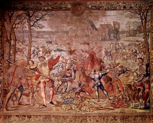 Maximilienovy hony zvané „Krásné hony na masku“: měsíc leden, Vodnář, lov divočáků, flambee, cure – Tapiserie vyrobená ve vlámských dílnách Bernardem van Orleym (Barend, Barent, Bernaert van Brussel