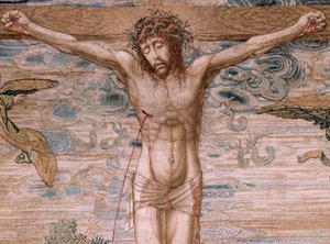 Vlámský gobelín. Série Dais of Charles V (Baldachýn Markéty Rakouské). Kristus milosrdenství (Cristo de la Misericordia). Tapiserie panel za pódiem. Model Bernard van Orley (1491-1542). Výroba Pieter de Pannemaker, Brusel. 1518-1524. Tkanina G od Bernard van Orley