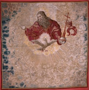 Vlámský gobelín. Série Dais of Charles V (Baldachýn Markéty Rakouské). Bůh Otec a Duch svatý (El Padre Eterno y el Espíritu Santo). Gobelínový baldachýn na pódiu. Model Bernard van Orley (1491-1542). Výrobce Pieter de Pannemaker, od Bernard van Orley