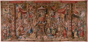 Vlámský gobelín. Seriál Vyznamenání. Víra (La Fe). První tapisérie v sérii. Modelové karikaturisty z okruhu Bernarda van Orleyho a Jana Gossaerta (Mabuse). Výroba Pieter van Aelst, Brusel. Cca 1550. Látka Zlato, stříbro, hedvábí a vlna. od Bernard van Orley