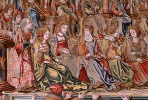Vlámský gobelín. Seriál Vyznamenání. Honor (El Honor). Druhá tapisérie v sérii. Modelové karikaturisty z okruhu Bernarda van Orleyho a Jana Gossaerta (Mabuse). Výroba Pieter van Aelst, Brusel. Cca 1550. Látka Zlato, stříbro, hedvábí a vlna. od Bernard van Orley