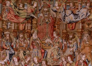 Vlámský gobelín. Seriál Vyznamenání. Honor (El Honor). Druhá tapisérie v sérii. Modelové karikaturisty z okruhu Bernarda van Orleyho a Jana Gossaerta (Mabuse). Výroba Pieter van Aelst, Brusel. Cca 1550. Látka Zlato, stříbro, hedvábí a vlna. od Bernard van Orley