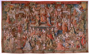 Vlámský gobelín. série The Honors; Prudence (La Prudencia). Sedmá tapisérie v sérii. Modelové karikaturisty z okruhu Bernarda van Orleyho a Jana Gossaerta (Mabuse). Výroba Pieter van Aelst, Brusel. Cca 1550. Tkanina Zlato, stříbro, hedvábí a w od Bernard van Orley