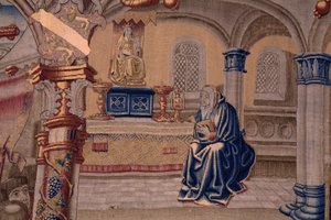 Vlámský gobelín. Série Legenda o Madoně ze Sablonu (The Legend of Our Lady of the Sablon). Příjezd sochy Madony. Výroba v Bruselu. Karikaturista Barend van Orley od Bernard van Orley