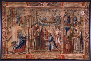 Vlámský gobelín. Série Legenda o Madoně ze Sablonu (The Legend of Our Lady of the Sablon). Socha Madony přichází do kostela Sablon (socha Panny Marie je převezena do kostela Sablon, La Estatua de od Bernard van Orley