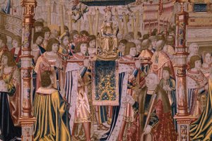 Vlámský gobelín. Série Legenda o Madoně ze Sablonu (The Legend of Our Lady of the Sablon). Příjezd sochy Madony. Výroba v Bruselu. Karikaturista Barend van Orley od Bernard van Orley