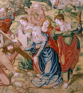 Vlámský gobelín. Seriál Umučení Krista. Padněte cestou na Kalvárii (Caída en el camino del Calvario). Druhá tapisérie v sérii. Karikaturista modelů Bernard van Orley. Výroba Pieter de Pannemaker, Brusel. Přibližně 1518-1523. Tkanina Zlatá, stříbrná, od Bernard van Orley