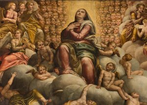 Apsida, oltářní obraz od Bernardina Gattiho s názvem Il Sojaro dokončený Giovanni Battista Trotti s názvem IL Malosso, Nanebevzetí Panny Marie od Bernardino Gatti