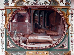 Zastoupení dílny slévárny zbraní. Freska od Bernardina Barbatelli dit Poccetti (1548-1612) Florencie, galerie Uffizi (Uffizi)