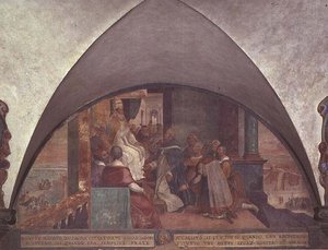 Svatý Antonín se představuje papeži Eugeniovi III. jako velvyslanec, luneta (freska)