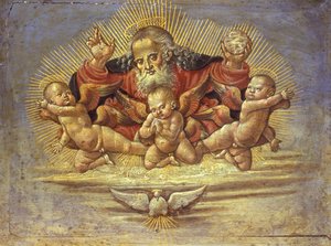 Část oltáře zobrazující Boha Otce se třemi anděly, cca 1500 (tempera na dřevě)