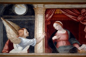 Zvěstování, detail z cyklu Panny Marie (1553), freska od Bernardina Lanina (1512-1583), spodní sakristie v katedrále Novara, Piemont, Itálie
