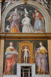 Svatá Apollonie a svatá Lucie, nahoře, Ippolita Sforza obklopená svatými a jeptiškami, freska od Bernardina Luiniho v kostele svatého Maurice v klášteře Maggiore, Milán, Lombardie, Itálie od Bernardino Luini
