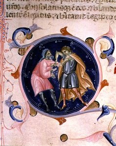 Miniatura dvou hádajících se mužů z Bible Karla V. z Valois (vellum) od Bernardino da Modena