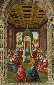 Enea Piccolomini před papežem Evženem IV. od Bernardino di Betto (after) Pinturicchio