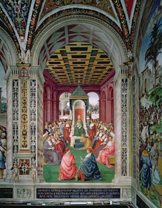 Aeneas Sylvius Piccolomini (1405-64) učinil akt podřízení se papeži Evženu IV. (1383-1447) 7. února od Bernardino di Betto Pinturicchio