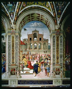 Aeneas Sylvius Piccolomini (1405-64) je korunovaný básník, laureát Fredericka III. (1415-93) v roce 1442 od Bernardino di Betto Pinturicchio
