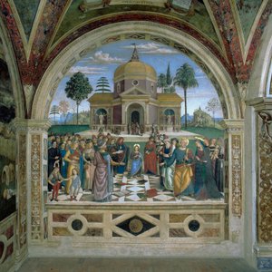 Diskuse v chrámu (freska) od Bernardino di Betto Pinturicchio