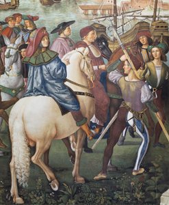 Enea Silvio Piccolomini odjíždí do Basileje ve funkci sekretáře biskupa z Ferrary, detail z Příběhů Pia II. od Bernardino di Betto Pinturicchio