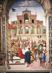 Itálie, Siena, katedrála, knihovna Piccolomini, Enea Silvio Piccolomini, kterého císař Fridrich III. učinil laureátem básníka, detail z Příběhů Pia II. od Bernardino di Betto Pinturicchio
