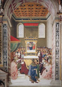 Itálie, Siena, Katedrála, Piccolomini Library, Enea Silvio Piccolomini přebírá kardinálský klobouk od Calixta III., detail z Příběhů Pia II. od Bernardino di Betto Pinturicchio