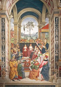 Itálie, Siena, katedrála, knihovna Piccolomini, Pius II. svolaný v Mantově kvůli dietě organizované za účelem plánování křížové výpravy proti Turkům, detail Příběhů Pia II. od Bernardino di Betto Pinturicchio