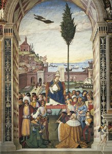 Itálie, Siena, Katedrála, Knihovna Piccolomini, Příběhy Pia II.: Pius II. přijíždí do Ancony, aby urychlil křížovou výpravu od Bernardino di Betto Pinturicchio