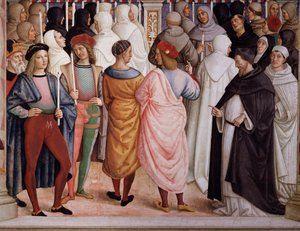 Pius II. svatořečil sv. Kateřinu Sienskou v roce 1461. Detail - Freska od Bernardino di Betto Pinturicchio