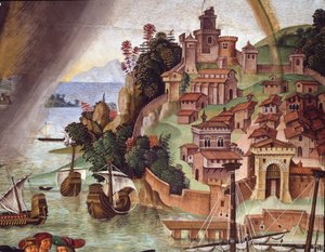 Papež Pius II. jde na Basilejský koncil. Detail - Freska od Bernardino di Betto Pinturicchio