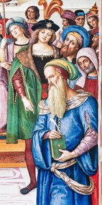 Knihovna Piccolomini, severovýchodní stěna: „Aeneas Sylvius pronáší řeč před skotským králem Jakubem I., zima 1435“ od Bernardino di Betto Pinturicchio