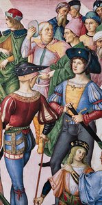 Knihovna Piccolomini, severovýchodní stěna: „Aeneas Sylvius je korunován císařem Fridrichem III. na laureáta básníka, 27. července od Bernardino di Betto Pinturicchio