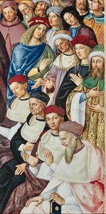 Knihovna Piccolomini, jihovýchodní stěna: „Aeneas Sylvius dostává kardinálův klobouk od papeže Kalixta III., 17. prosince od Bernardino di Betto Pinturicchio
