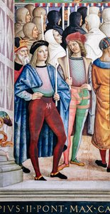 Knihovna Piccolomini, jihozápadní stěna: “ Pius II. svatořečí sv. Kateřinu Sienskou, 29. června od Bernardino di Betto Pinturicchio