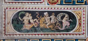 Knihovna Piccolomini, strop: menší panel s výjevem námořního thiasa (tritony, putto a nereida), freska od Bernardina di Betto, známého jako Pinturicchio. od Bernardino di Betto Pinturicchio